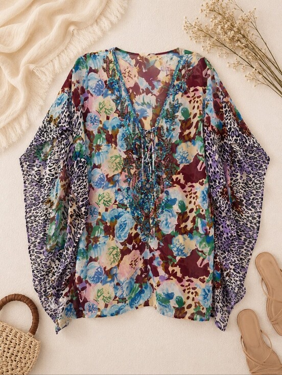Lucky & Coco Other - Lucky & Coco Floral Leopard Print Beaded Swim Batwing Kimono Sz M